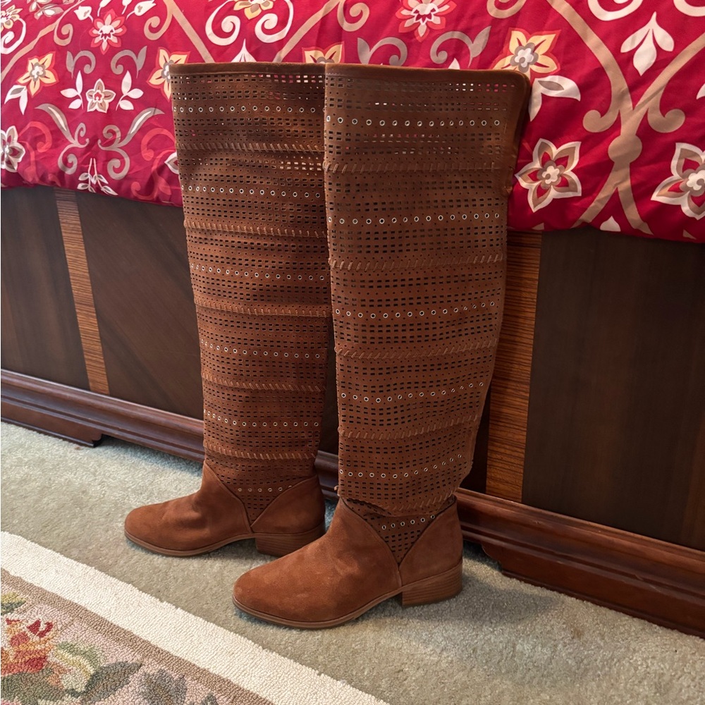 Tan Over the Knee Perforated Suede Boots